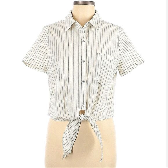 NWOT KITTENISH Short Sleeve Striped Cotton Hemp Tie Front Button Down Up Top L - Picture 10 of 14